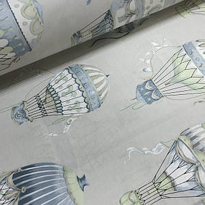 Тканина поплін повітряні кулі з блакитними кошиками на світло-сірому (ТУРЦІЯ шир. 2,4 м) (R-G-0504)