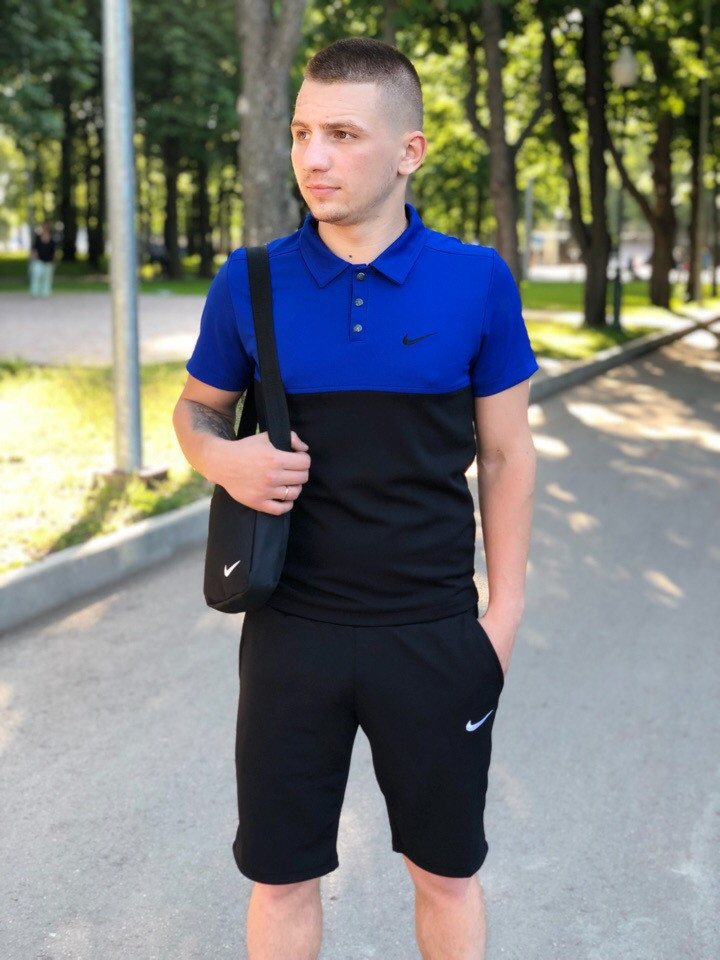 Футболка поло синьо-чорна + шорти чорні Nike літні стильні чоловічі