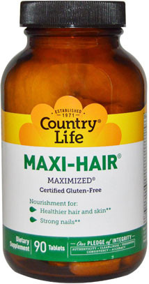 Вітаміни для волосся, шкіри та нігтів Country Life, Maxi-Hair 90 таблеток, пластикова банка. Зроблено в США.