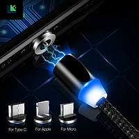 Кабель магнитный 3в1 Micro USB, Type-C, Lightning 360 круглый