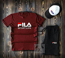 Чоловічий спортивний костюм трійка Fila (Філа) шорти + футболка + кепка тракер бордовий з чорним M