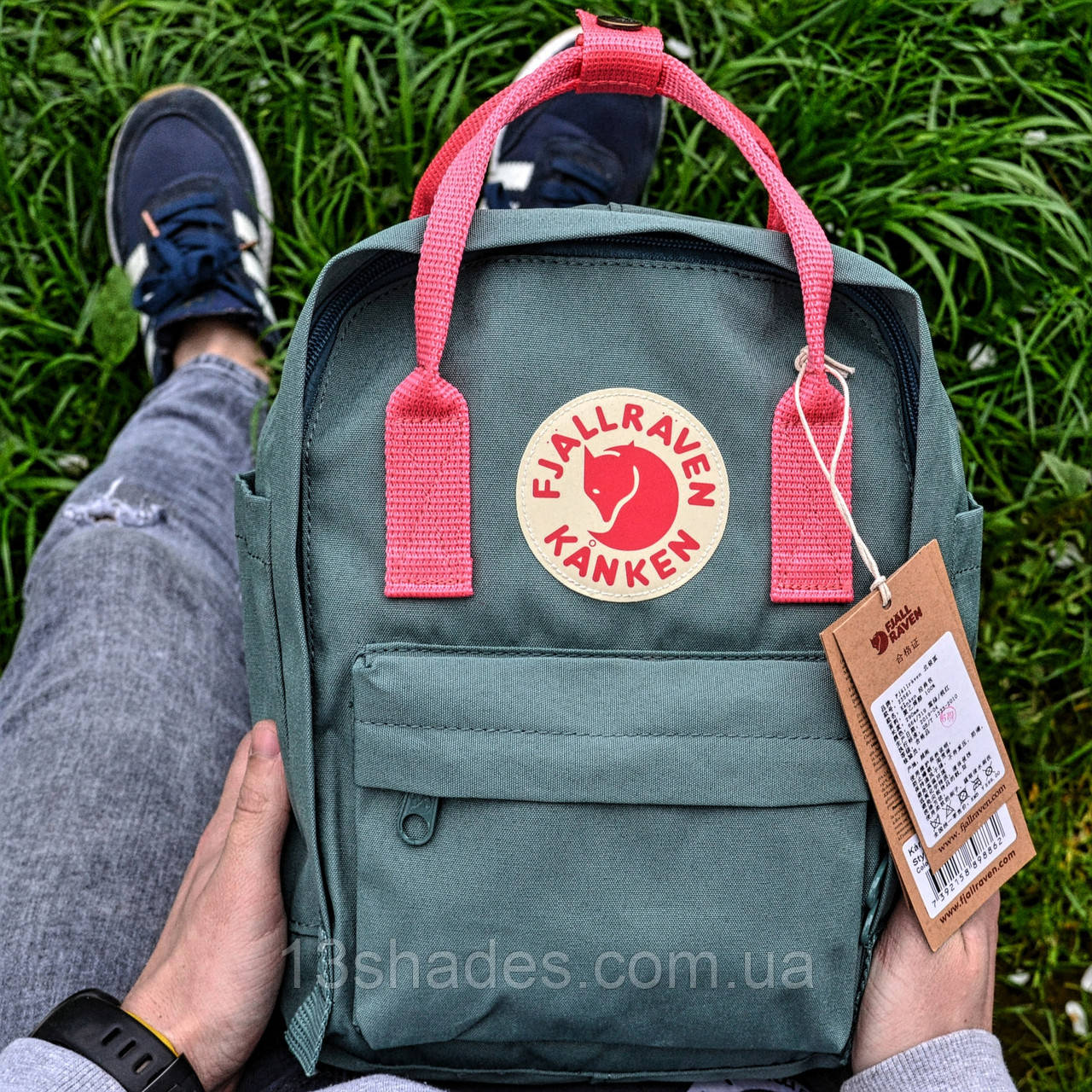 Рюкзак Fjallraven Kanken mini Фьялравен Канкен міні сіро-зелений з червоними ручками Київ