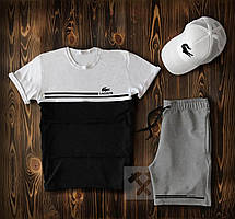 Літній чоловічий спортивний трійка Lacoste чорно-біло-сірого кольору (Лакост) шорти футболка і кепка