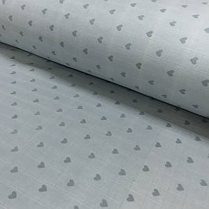 Тканина муслін Двошарова серця сірі на блакитному (шир. 1,5 м)