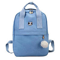 Рюкзак для девочки подростка с котом и помпоном голубой в стиле Канкен Mochila (AV168)