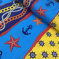 Вафельна тканина з морськими зірками, штурвалами та якорями, ширина 150 см