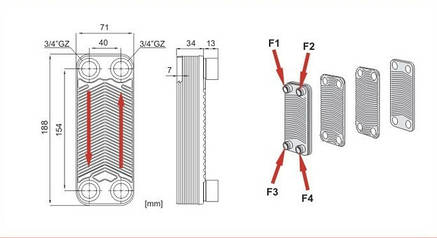 Пластинчастий теплообмінник IMS В3-014-ZB-20 3/4 (20-30 кВт) під фреон до 45 бар, фото 2