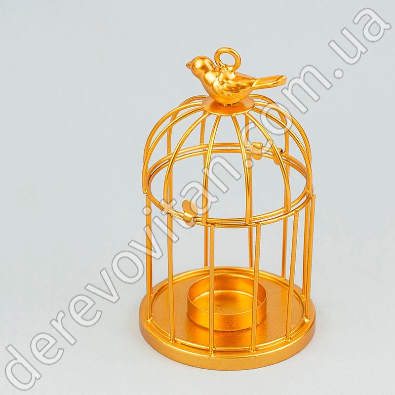 Металевий свічник "Клітка з пташкою", золото, 9×16 см