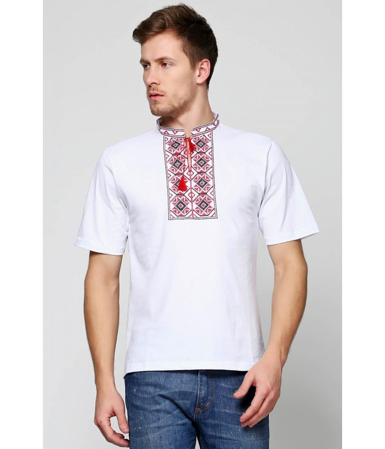 / Розмір S,M,L,XL,2XL / Чоловіча вишита футболка хрестиком Ромбі М-614 / колір білий з червоним орнаментом