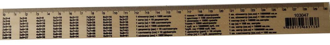 Лінійка дерев'яна 30 см (300 мм) таблиця множення (шовкографія) 103047 KNZ