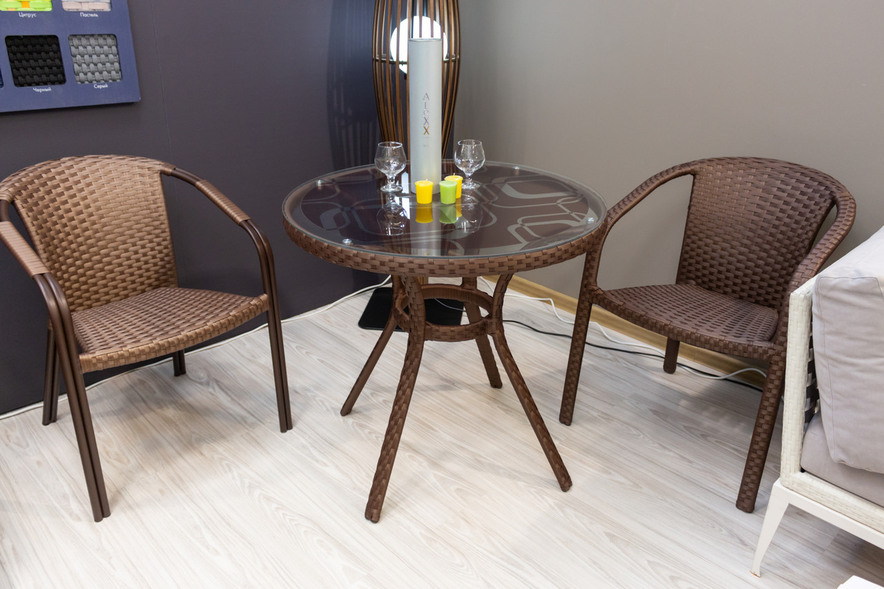 Стіл обідній Блюз, віск.ротанг L12, А01 Коричневий, стільниця скло з аплікацією, Ø80х75 см (Pradex ТМ)