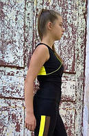 Майка спортивная для фитнеса женская черная с жёлтыми кантами