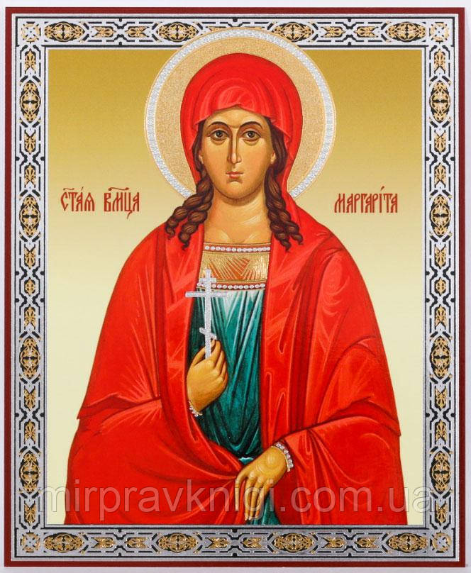 Маргарита Європейська, вмц.(2). Ікона в дерев'яній рамці 11х13 Набір із Днем Ангела, подвійне тиснення