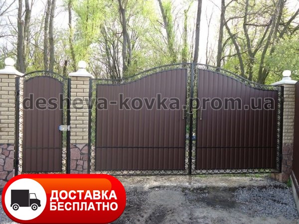Ковані ворота з зовнішньою хвірткою та профнастилом, фото 1