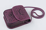 Маленька шкіряна сумочка ручної роботи, фіолетова жіноча сумка через плече, тиснена шкіра, фото 3