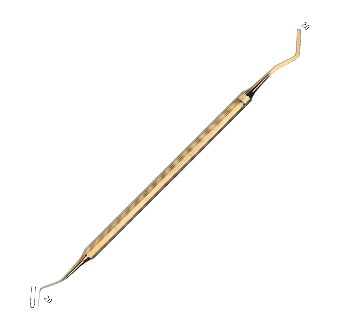 Шпатель стоматологічний, двосторонній, гнучкий, з восьмигранною ручкою, серпоподібний і дистальний, покритий оловом. Ширина 2,0 мм