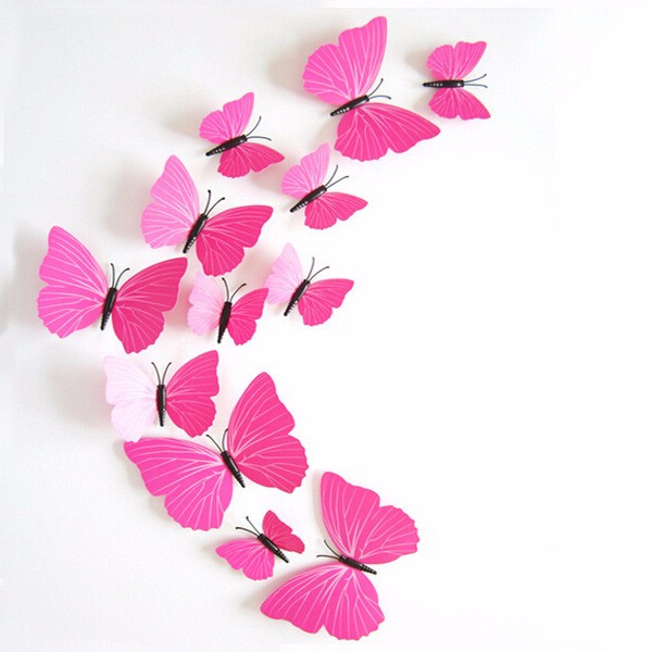 Объемные 3D бабочки. Набор 12 штук, розовые. Декоративные наклейки на стену, холодильник, мебель, на магните - фото 1 - id-p967456735