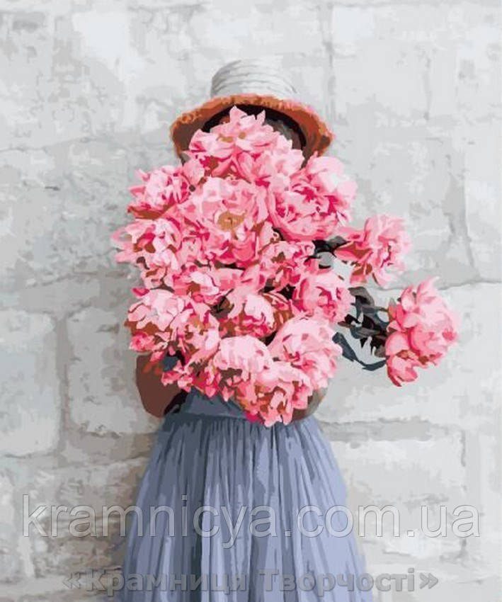 Картина по номерам Brushme 40х50 Девушка с пионами у лофт-стены ...