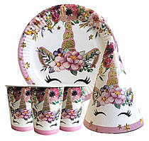 Набір для дитячого дня народження "Єдиноріг квіти" Тарілки -10 шт Стаканчики - 10 шт Ковпачки - 10 шт