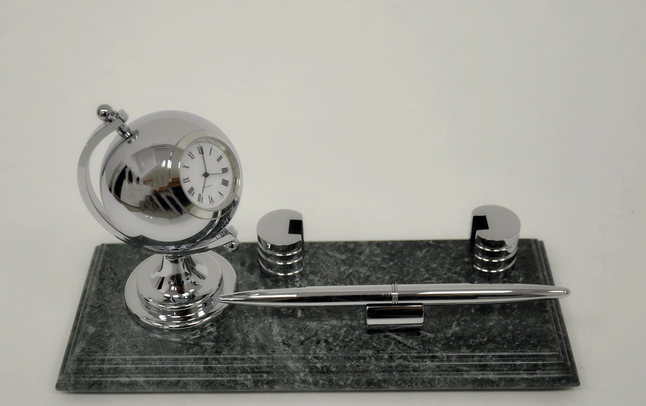 Мармуровий настільний набір (хромований глобус-годинник, підставка для візитної картки та ручка) Penstand 8178