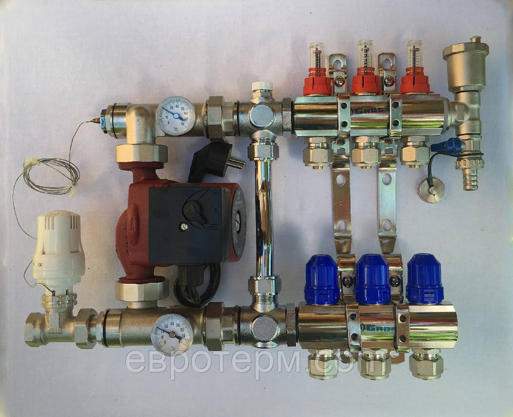 Купить Коллектор для теплого пола в сборе с насосом и байпасом на 5 ...