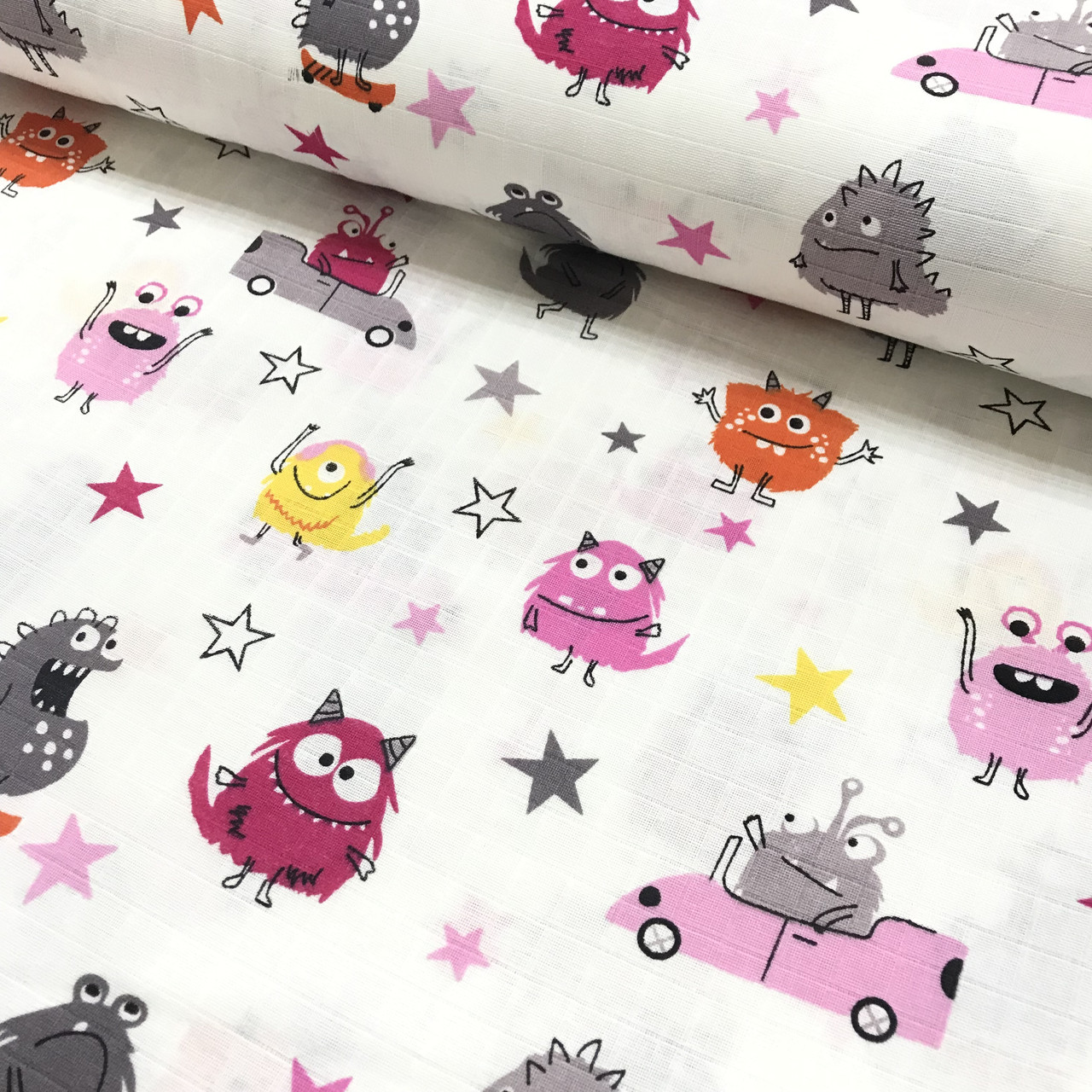 Тканина муслін Двошарова корпорація монстрів рожеві, червоні та жовті (шир. 1,8 м) (MS-F-0024), фото 1