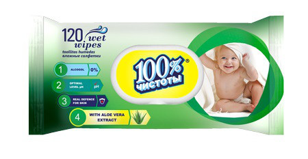 Дезінфікувальні вологі серветки 120 шт."100% "Алое" клапан (1 пач), фото 1