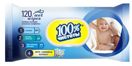 Волога серветка 120 шт." 100% "Ромашка" клапан (1 пач), фото 1