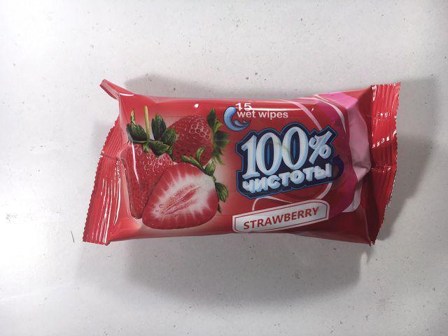 Волога серветка освіжаюча 15 шт. "100% чистоти" Strawberry/Полуниця (1 пач), фото 1