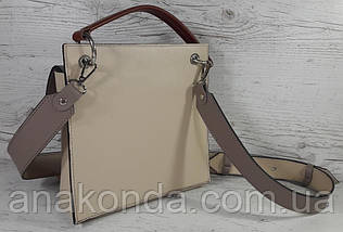 562-к Сумка крос-боді жіноча, натуральна шкіра, комбінована молочна екрю темна бежева пудра руда, фото 4