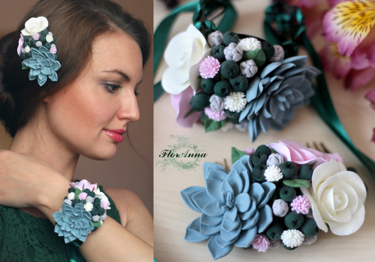 Браслет і гребінь ручної роботи "Суккуленти з трояндами та смарагдовими ягодами", фото 1