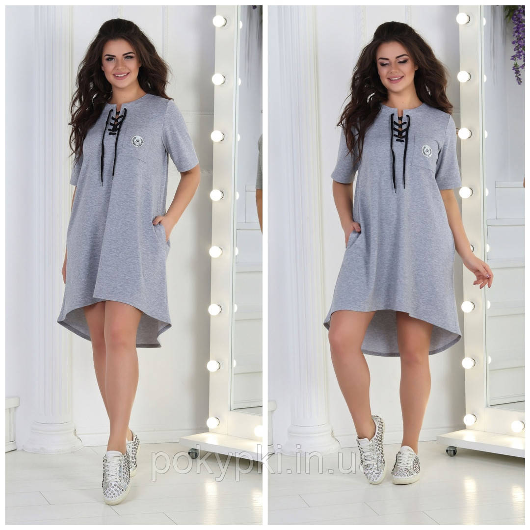 Стильне літнє плаття туніка футболка вільне великих розмірів сірий меланж р.50-52, 54-56