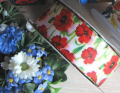 Стрічка репсова біла з маками 2.5 см