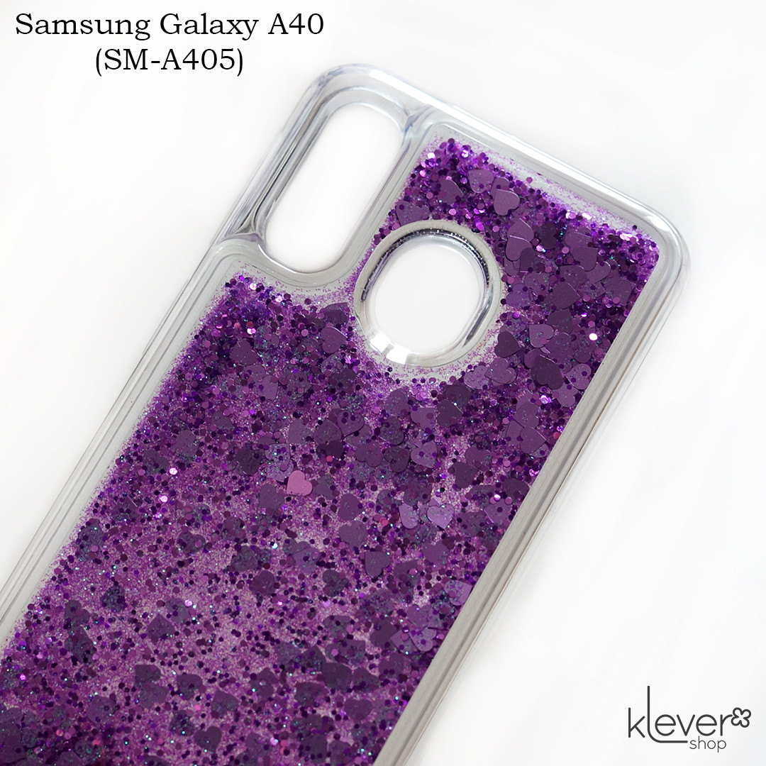 Чохол акваріум для Samsung Galaxy A40 (SM-A405) (сердечка та фіолетові блискітки)