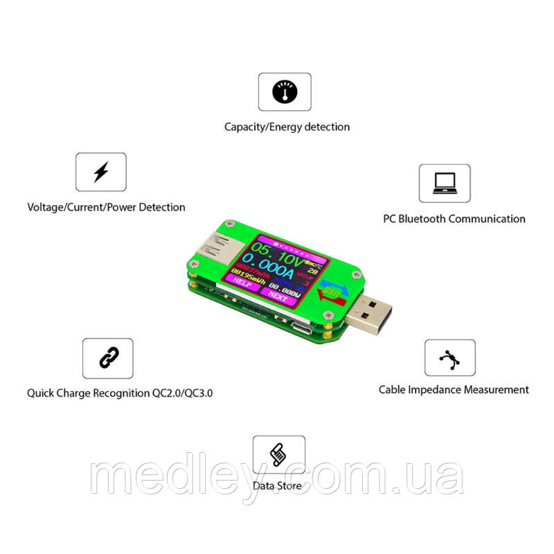 USB тестер RD um24c USB 2.0 Цветной дисплей 10 групп данных Индикатор bluetooth Поддержка QC2.0 и QC3.0 вольт - фото 4 - id-p971099038