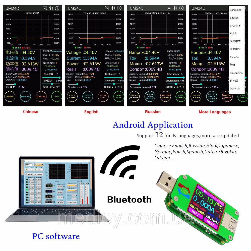 USB тестер RD um24c USB 2.0 Цветной дисплей 10 групп данных Индикатор bluetooth Поддержка QC2.0 и QC3.0 вольт - фото 7 - id-p971099038