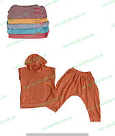 Яркий летний костюм для девочки, детский комплект - футболка с капюшоном и бриджи с карманами