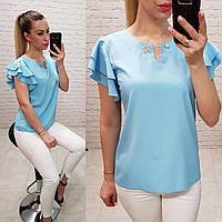 Блузка / блуза з брошкою і воланами арт. 166 ніжний блакитний / синій