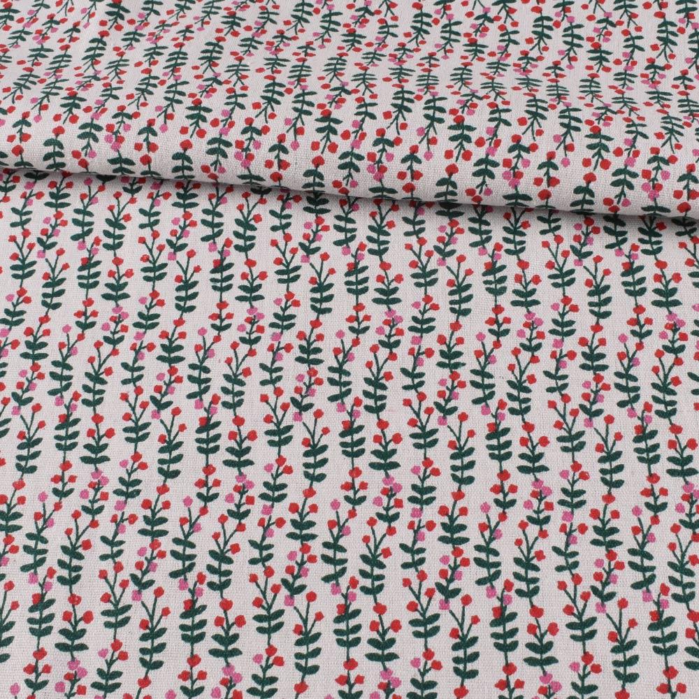 Деко-льон білий, зелені листочки, червоні, рожеві квітки, ш.150