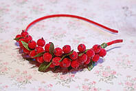 Обруч для волос / ободок на голову односторонний красный с ягодами калины 143