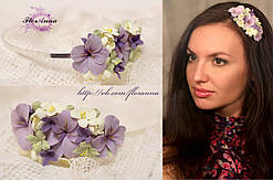 Бузковий обруч для волосся з квітами з полімерної глини."Фіолетові анютини очки "