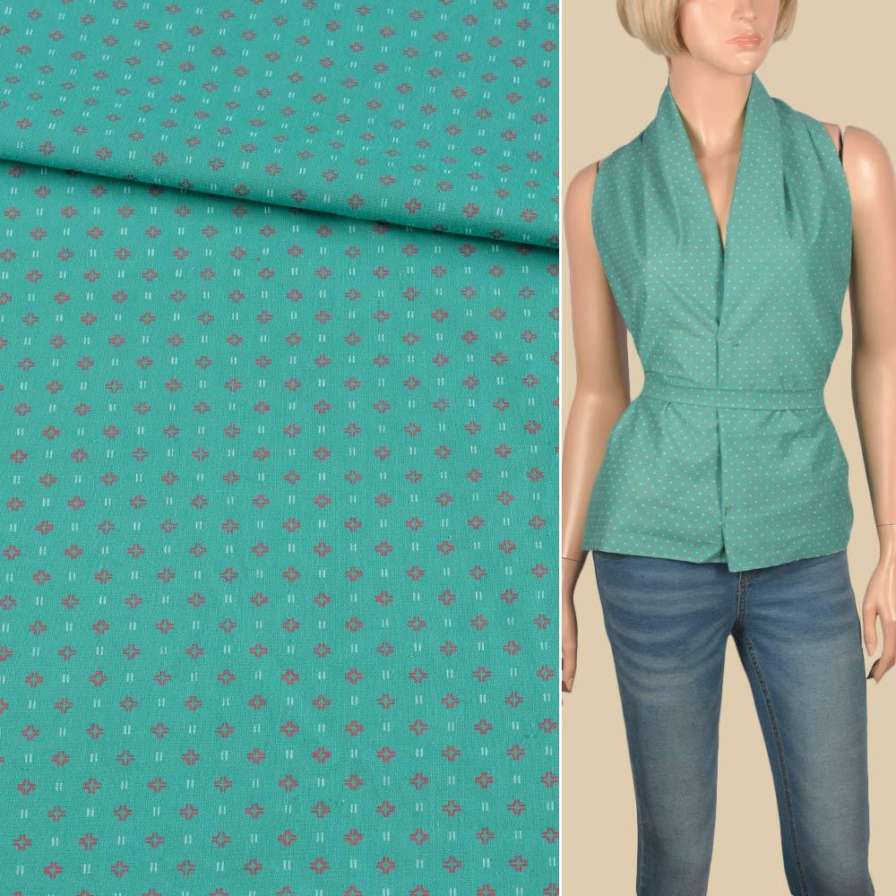 Коттон сорочковий бірюзовий в дрібний малюнок, ш.140