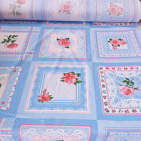 Ситець хустковий із блакитними квадратами та трояндочками, ширина 95 см