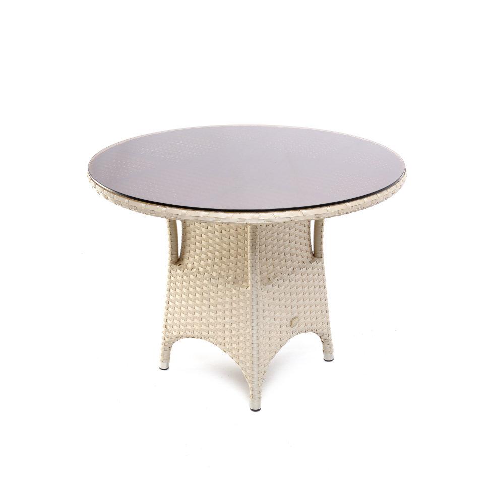 Стіл обідній Марокко круглий, віск.ротанг Кава з молоком, стільниця плетена +тон.скло,Ø80х75 см (Pradex ТМ)
