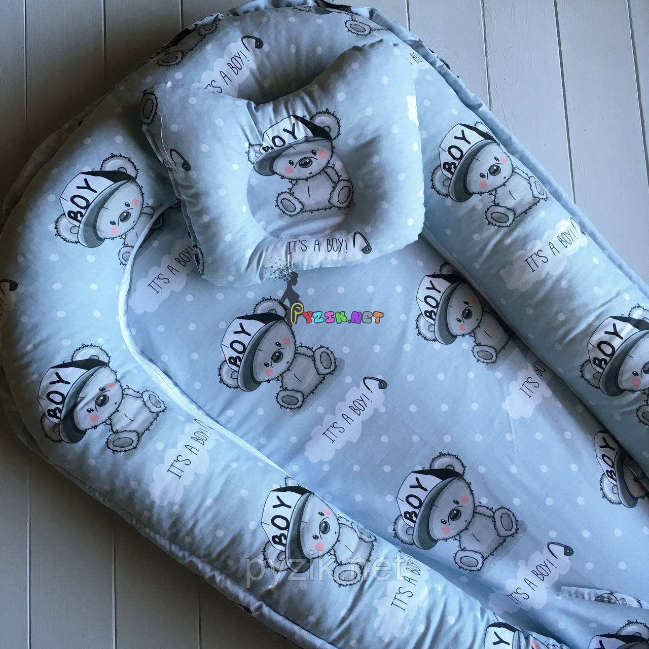 Гніздо-кокон для новонародженого 85Х40 см (подушка для вагітної, подушка для годування) + подушка Ведмедики сірий