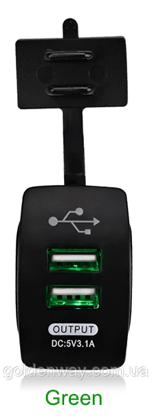Автомобільне зарядне гніздо прямокутне врізна розетка 2 USB (12-24В) 5В/3.1A зелена підсвітка