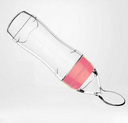 Пляшка дитяча для годування силіконова з ковпаком і ложечкою Рожева 120 мл