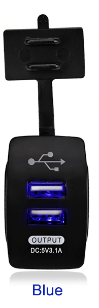 Автомобільне зарядне гніздо прямокутне врізна розетка 2 USB (12-24В) 5В/3.1A синя підсвітка