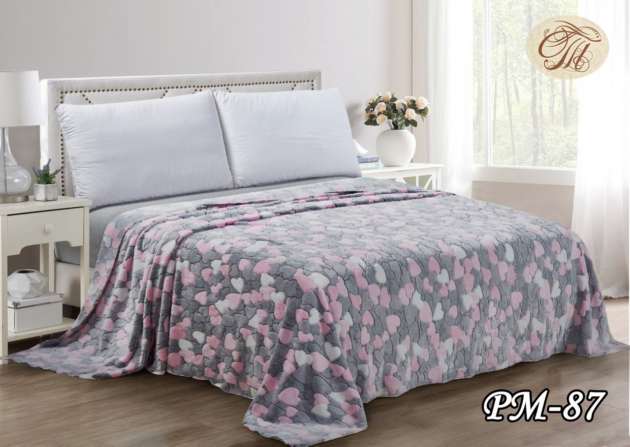 Плед з флісу Серця сіро-рожеві (200х220), фото 1