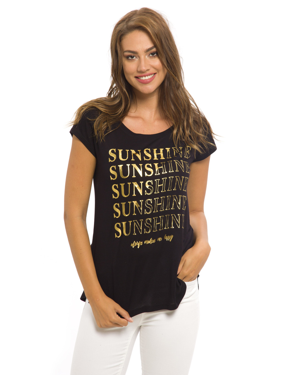 Чорна жіноча футболка Lc Waikiki / Лз Вайкікі з золотим написом SUNSHINE, фото 1